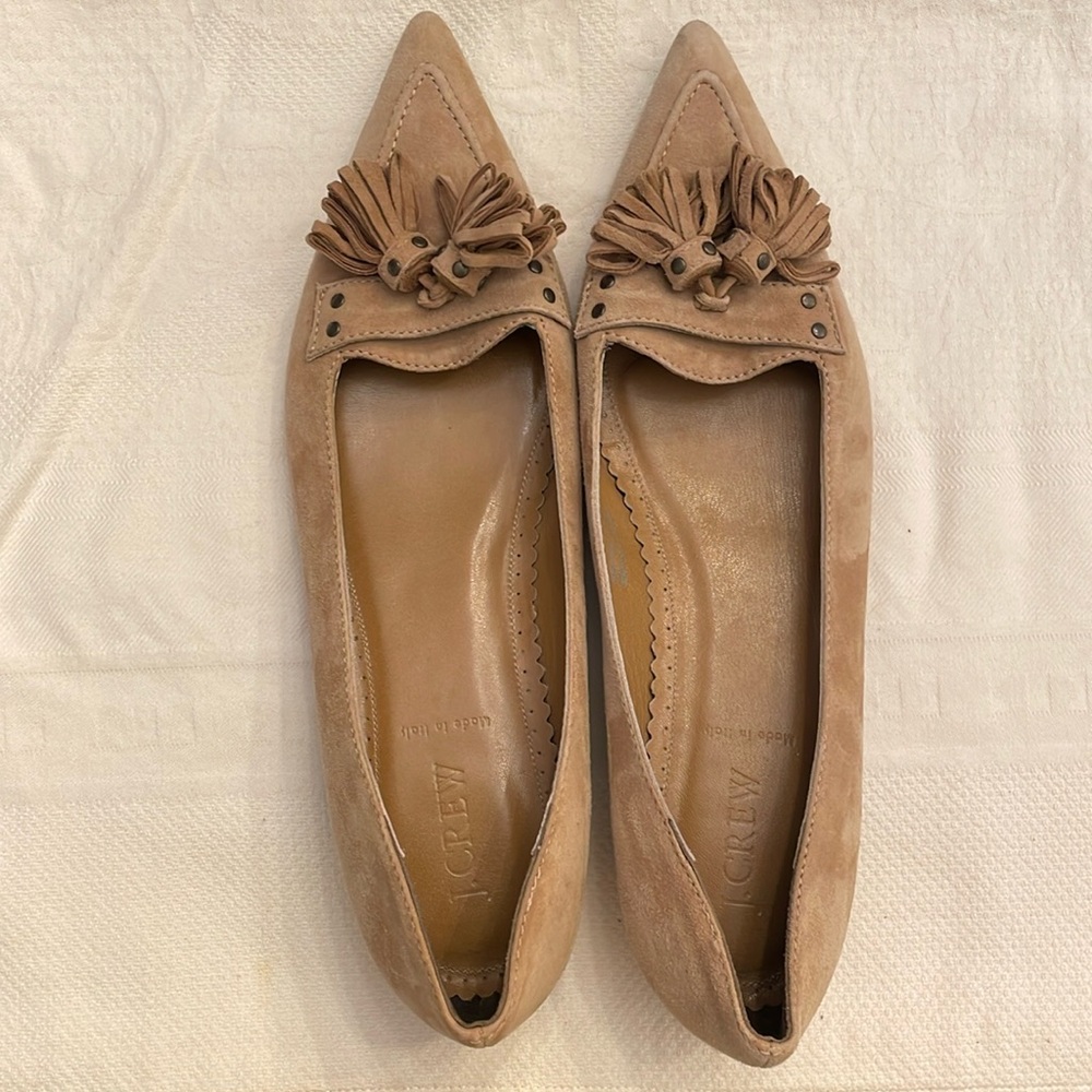 J.Crew leather upper & leather lined tasseled, pointed-toe flats. Size 10.